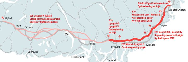 Høy aktivitet: Nye Veiers E39-prosjekt fra Kristiansand til Ålgård er delt inn i flere entrepriser. Nå legges det opp til fremskyndet byggestart på flere av delprosjektene.