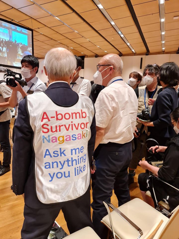 Flere overlevende fra atombombingen av Hiroshima og Nagasaki deltok på FN-møtet om atomvåpenforbudet i FN i Wien 21-23 juni. Her 82 år gamle Takashi Miyata. Foto: Vanessa Griffen, ICAN.