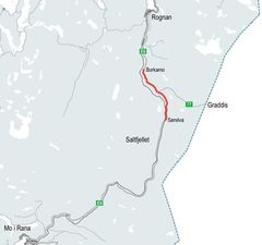 Oversiktskart over E6 Sørelva-Borkamo i Nordland.
