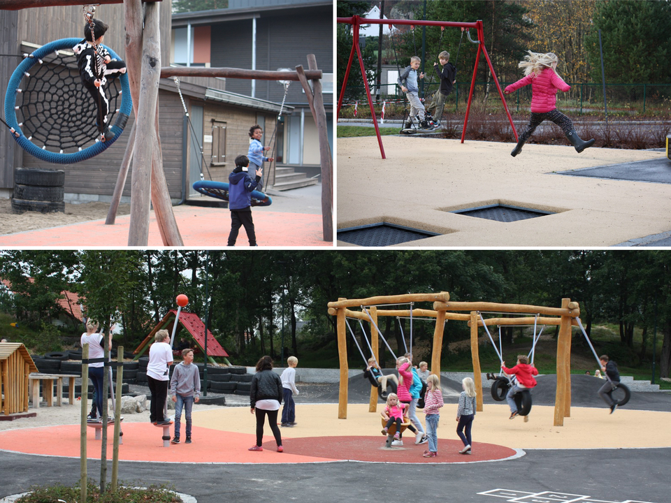 Eksempler på lekeapparater som gir barna større utfordringer når det gjelder styrke og balanse. Foto: Rita Galteland, Kristiansand kommune