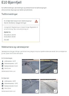 Eksempel fra den nye infotjenesten: E10 Bjørnfjell i Nordland. (Skjermdump)