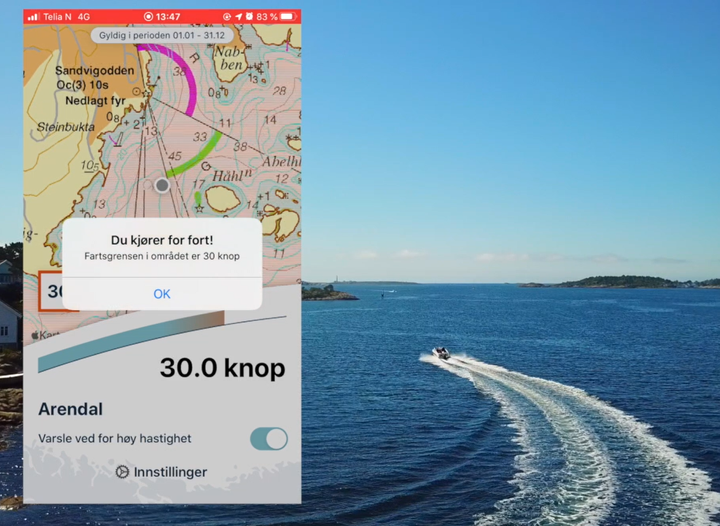 BåtFart er en ny tjeneste fra Kystverket. I appen får du til enhver tid informasjon om farten du har – samt varsel når du kjører for fort. (Foto: Kystverket)