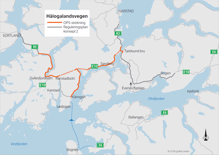 OPS-prosjektet E10/rv. 85 Tjeldsund–Gullesfjordbotn–Langvassbukt. Illustrasjon: Statens vegvesen.