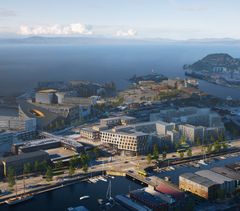 Området ved nye Trondheim S. planlegges med 200 nye boliger og 20.000 kvadratmeter handel- og kontorlokaler. Illustrasjon: Arkitema Architects