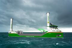 Det nye skipet skal ha en hydrogendrevet hovedmotor. Skipet skal også utstyres med to rotorseil.   Illustrasjon: Norwegian Ship Design.