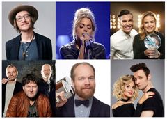 Disse får du se og høre på Idrettsgallaen 2018 6. januar. Øverst f.v. Adam Douglas, Julie Bergan, programlederne Atle Pettersen og Helene Olafsen. Nederst f.v. D.D.E., Jon Niklas Rønning samt "Grease"-paret Bjørnar Reime Erlandsen og Charlotte Brænna. Foto: Montasje