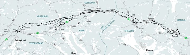 Kart som viser varslingsgrensen E18 Dørdal-Tvedestrand. Illustrasjon: Nye Veier