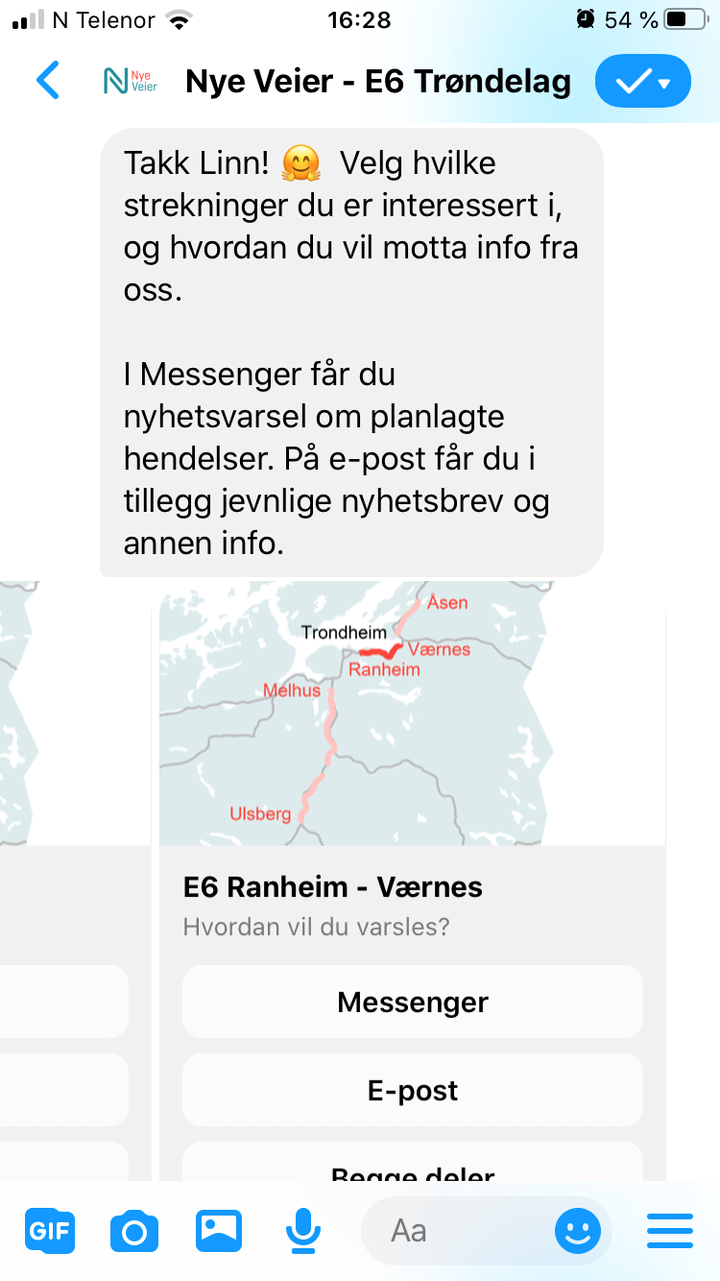 Nye Veier er de første i Norge til å bruke Messenger og chatbot-teknologi for å dele trafikknyheter.