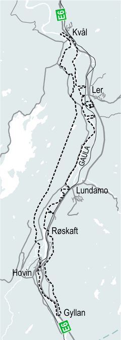 Det planlegges for ca. 17 km firefelts motorvei fra Gyllan til Kvål i Trøndelag. Kartet viser planavgrensningen.