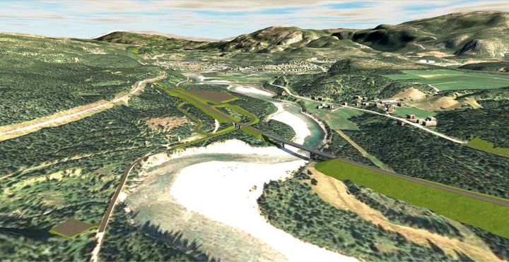 Illustrasjon viser blant annet planlagte nye Svenningelv bru med ny E6 og tunell inn i Bergåsen. Tettstedet Trofors i bakgrunnen.