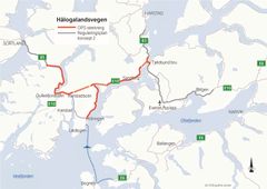 OPS-prosjektet E10 Hålogalandsvegen (E10/rv. 85 Tjeldsund–Gullesfjordbotn–Langvassbukt) Strekningen som skal bygges er markert i kartet med rød farge. Rød stiplet linjer markerer nye tunneler. Illustrasjon: Statens vegvesen.