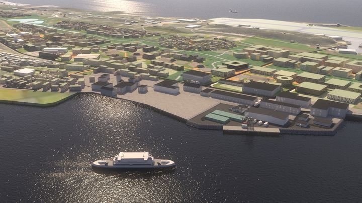 Illustrasjon av den planlagte fabrikken til GreenH på Langstranda i Bodø. Den planlagte flyplassen i bakgrunnen.