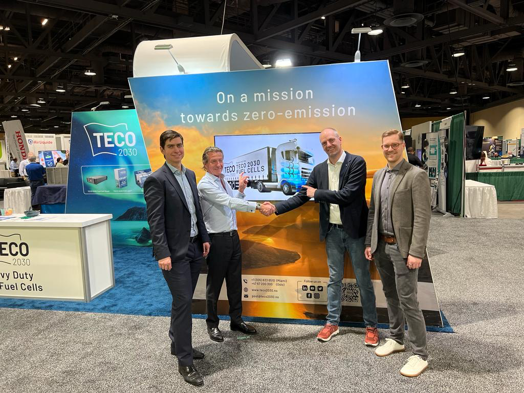 Picture text: From the left, Hans-Peter Klein, Director of Project Operations and Tore Enger, Group CEO at TECO 2030, Falko Berg, Manager PEM Systems and Alexander Schenk, Lead Engineer PEM Fuel Cell System Architecture at AVL List.