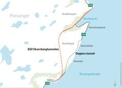 Kart: Ny tunnel og veg går til venstre for dagens trasé. Illustrasjon Statens vegvesen.