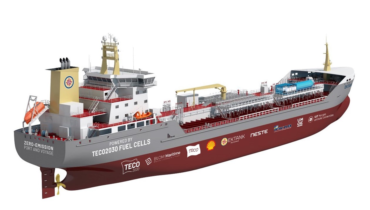 Picture text: Concept illustration HyEkoTank. Retrofit installation of fuel cells with compressed hydrogen storage on existing Ektank vessel. The solution can eliminate emissions in port and reduce up to 100% of GHG emissions on voyages.
