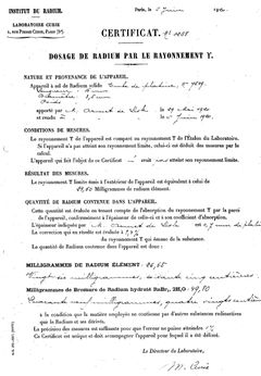 Dokument fra Madame Curie for forsendelse av radium fra Paris til Oslo.