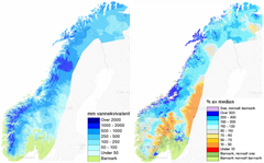 Figur 1: Snømengder i Norge pr 4. april 2022, i mm vannekvivalent, og i prosent av normalen for referanseperioden 1991-2020. Slike kart ligger åpent tilgjengelig på senorge.no, og oppdateres hver dag.