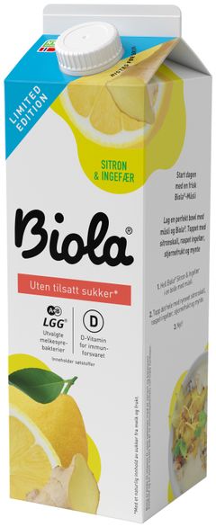 Biola® Sitron & Ingefær UTEN tilsatt sukker. En frisk og god smak av sitron og ingefær som passer perfekt til frokosten, på müsliblandingen eller i smoothie.
