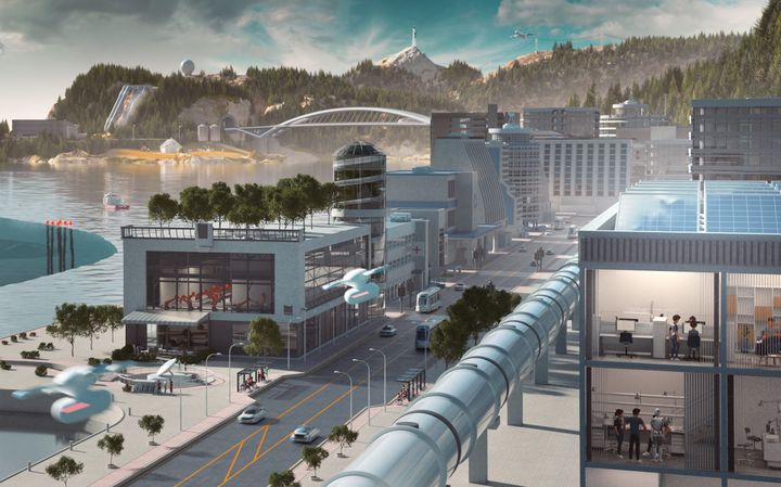 SINTEF Community skal utvikle fremtidens løsninger for det bygde samfunn der mennesker møtes, lever og arbeider, og der vi ferdes når vi flytter oss fra ett sted til et annet. Illustrasjon: Headspin/SINTEF