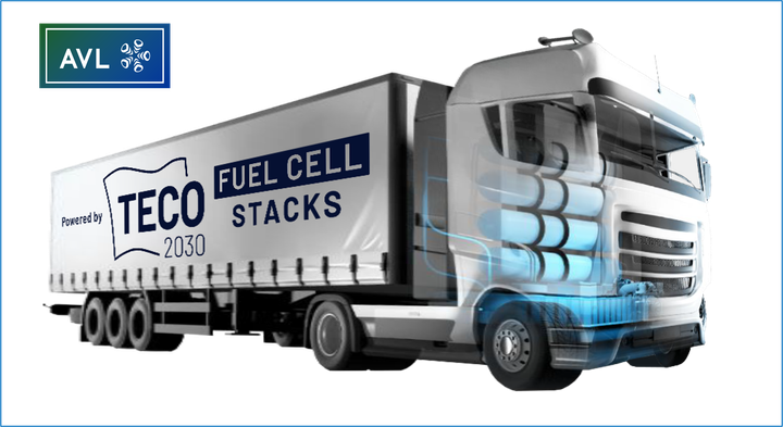 Picture text: AVL’s HyTruck will utilize heavy duty fuel cell stacks with energy capacities above 300kW provided by TECO2030. A viable zero emission retrofit solution for existing heavy-duty trucks.