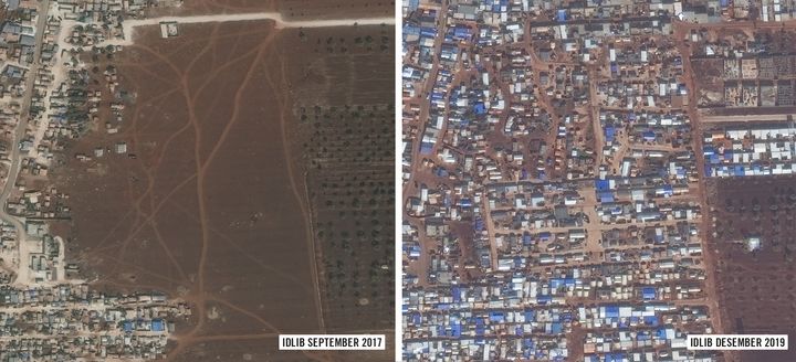 VOLDSOM VEKST: Satellittbilder viser hvordan en av flere leirer for internfordrevne flyktninger i området rundt den syriske Idlib-provinsen har vokst de siste årene.