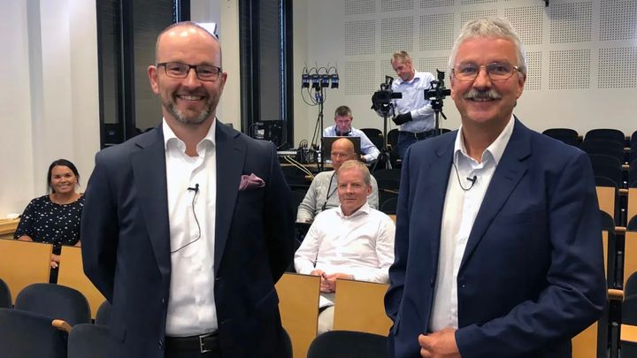 RESULTATPRESENTASJON: Finansdirektør Geir-Egil Bolstad og konsernsjef Richard Heiberg la fram resultatet for andre kvartal den 5. august 2020.