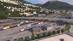 Slik blir den nye utslippsfrie godsterminalen på Nygårdstangen i Bergen, når den står ferdig i 2024. (Illustrasjon: Bane NOR/Cowi)