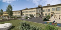 AF Gruppens svenske datterselskap skal bygge nye Paradisskolan med barnehage, grunnskole og idrettshall. Skolen åpner høsten 2021. Illustration: Comarc Arkitekter
