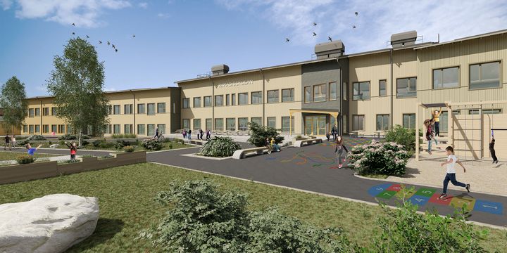 AF Gruppens svenske datterselskap skal bygge nye Paradisskolan med barnehage, grunnskole og idrettshall. Skolen åpner høsten 2021. Illustration: Comarc Arkitekter