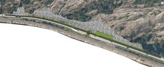 3D-modell av fjellskjæring, skredgrop og skredvoll. Sett fra sør mot nord. Illustrasjon: Statens vegvesen