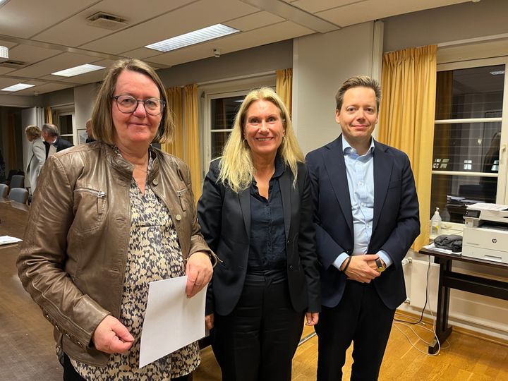 Fagforbundets forhandlingsleder, Anne Green Nilsen sammen med mekler Tine Kari Nordengen og NHOs representant Laust Kristian Poulsen.