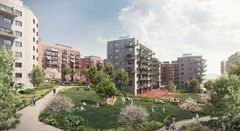 I dette planlagte boligprosjektet på Løren i Oslo vil 50 av leilighetene bli solgt til OBOS Bostart-pris. Illustrasjon: Blår