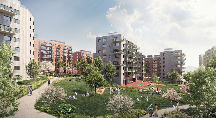 I dette planlagte boligprosjektet på Løren i Oslo vil 50 av leilighetene bli solgt til OBOS Bostart-pris. Illustrasjon: Blår