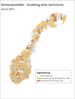 Klimasats-støtte i alle landets fylker: Kartet viser kommunar som har fått Klimasats-støtte. Illustrasjon: Miljødirektoratet