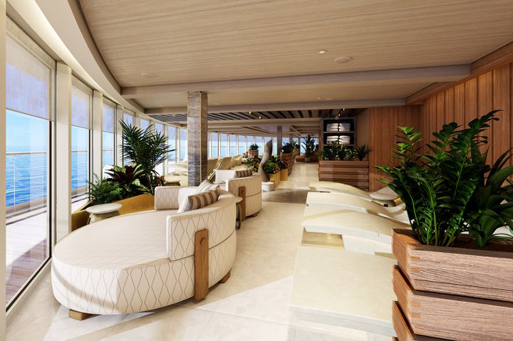 Norwegian Cruise Line tar spa og velvære til nye høyder med blant annet 22 lounge stoler oppvarmet av varme steiner, en innendørs foss over to etasjer og infrarød badstue. Her fra Mandara Spa sin lounge.