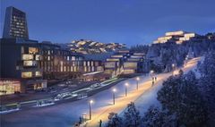 Ved stasjonen_Sollihøgda plussby: Fremtidsvisjon for Sollihøgda plussby ved togstasjonen. Høy tetthet av boliger og arbeidsplasser her, kan bidra til miljøvennlig transport for byens 30 000 innbyggere og 15 000 arbeidsplasser