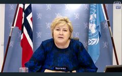 Statsminister Erna Solberg snakker til Sikkerhetsrådet om klima og sikkerhet 23/2  Foto: UN Photo/Eskinder Debebe