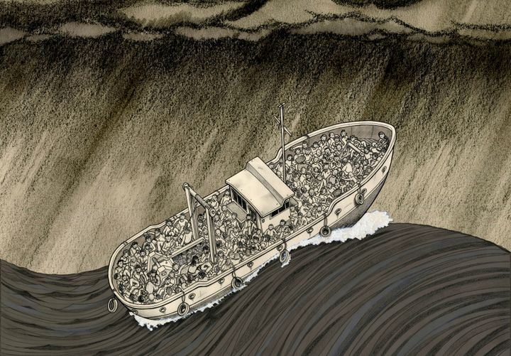 Illustrasjoner til tegneserien "Den farlige reisen" om de syriske flyktningene Hasko, Khalid og Mohammed. Illustrasjoner av Lindsey Pollock