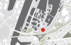 Kart over området med markering av hvor det nye hotellet kommer.