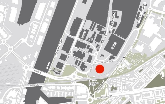 Kart over området med markering av hvor det nye hotellet kommer.