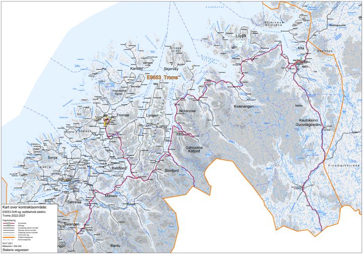BMO Elektro skal drifte el-anlegg langs riksveg i et stort geografisk område i Troms og Finnmark. De aktuelle strekningene er merket med rosa i kartet.  Illustrasjon: Statens vegvesen.