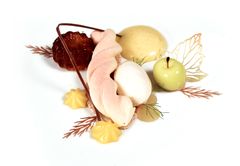 Det norske kokkelandslaget serverte denne desserten da de konkurrerte i kategorien Chefs Table i OL i kokkekunst i Stuttgart, 2020. Den bestod av epler fra Hardanger, rømme, yuzu, hvit sjokolade og mandler, og stod altså til gull. Foto: Eirik Nilssen/Matbyrået Impuls