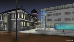 NYSKOLEN: Det nye bygget kommer der dagens gymsal ligger og vil ligge nærmest Kongens gate. De to byggene vil henge sammen med en glassgang. Foto: Illustrasjon: Norconsult