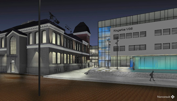 NYSKOLEN: Det nye bygget kommer der dagens gymsal ligger og vil ligge nærmest Kongens gate. De to byggene vil henge sammen med en glassgang. Foto: Illustrasjon: Norconsult