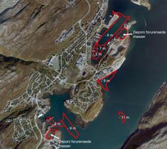 Oversikt over hvor Kystverket skal gjøre havna i Båtsfjord dypere.