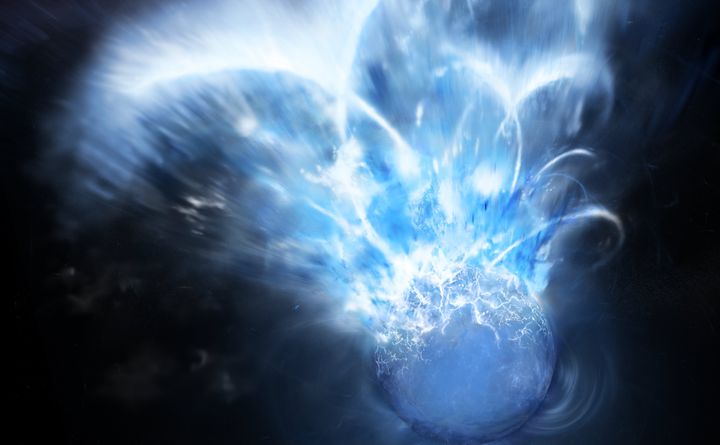 Fremstilling av en magnetar (en sjelden type nøytronstjerne) i det den kaster fra seg store mengder stråling ut i det store verdensrommet. Illustrasjon.: Birkelandsenteret for romforskning og Mount Visual