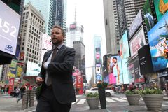 Røe Isaksen deltok på politiske møter i USA i mai i år. Her på Times Square. Foto: NFD