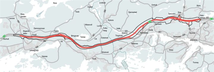 Vedtatt kommunedelplan E18 Arendal-Grimstad 2019. Illustrasjon: Nye Veier