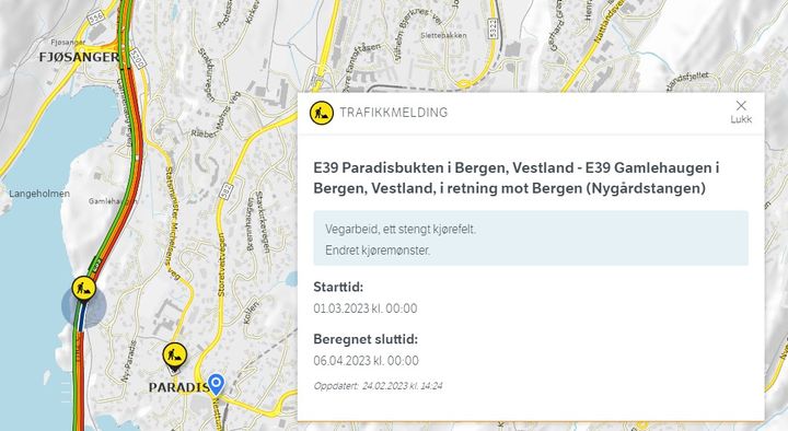 Statens vegvesen jobber på E39 Paradisstranden i 5-6 uker fremover.