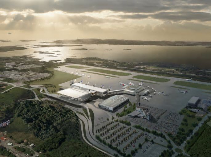 Bergen lufthavn Fleslands nye terminal T3, får energieffekteringshjelp fra en saltblanding fordelt på 44.000 plastceller. Foto: Avinor